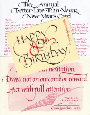 LOWENSTEIN, Carole - Handwritten, signed letter to Huib van Krimpen on paper preprinted with 'The Annual Better Late Than Never New Year's Card', dated '18.V.97'. 