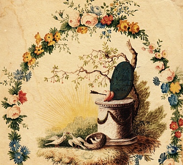 FEESTDOCUMENT Geertrui Barbara NEURDENBURG - Vreugdebetuiging in de vorm van een handgekleurde tekening met de datum 1 december 1821, waarschijnlijk voor de verloving van Johannes Gerardus Verbeet met Geertruij Barbara Neurdenburg te 's-Hertogenbosch.