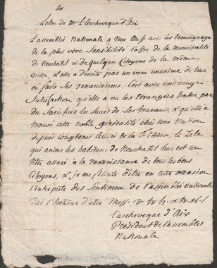 NEUCHTEL / NEUENBURG NE (1789) - Copie contemporaine de deux lettres en langue franaise relatives  Neuchtel (Suisse) : une lettre de M. Wecker  M. Le Latre, Conseil de Neuchtel (Paris, 27 novembre 1789) et une lettre de l'archevque d'Aix-en-Provence Boisgelin de Cuc, en sa qualit de prsident de l'Assemble nationale franaise  la ville de Neuchtel de la mme poque.
