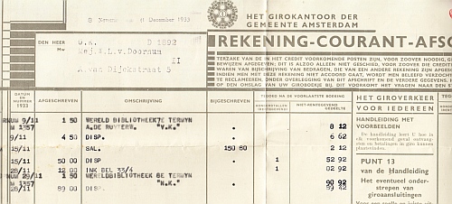 GEMEENTEGIRO - Rekening-Courant-Afschrift van het Girokantoor der Gemeente Amsterdam.