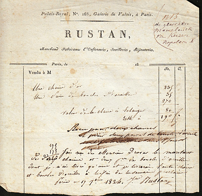 ROUSTAN - Facture pour une chane en or et une boucle d'oreille en or. Avec la signature de Rustan, 'l'ancien Mamelouck de l'Empereur Napolon Ier' (1824).