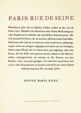RILKE, Rainer Maria - Paris: Rue de Seine. (Poster).