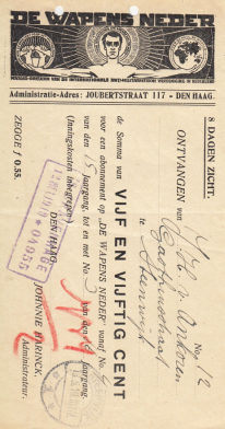 DE WAPENS NEDER - Kwitantie voor een abonnement op De Wapens Neder, Maand-orgaan van de Internationale Anti-Militaristische Vereeniging in Nederland, 1919.