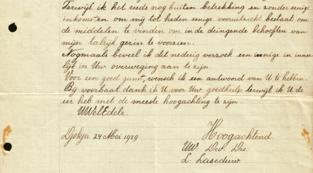 NEDERLANDSCH-INDI - Handgeschreven sollicitatiebrief van een aspirant-snijveldopzichter van de suikerfabriek Randoegoenting te Prambanan, gedateerd 'Djokja 24 Mei 1929'.