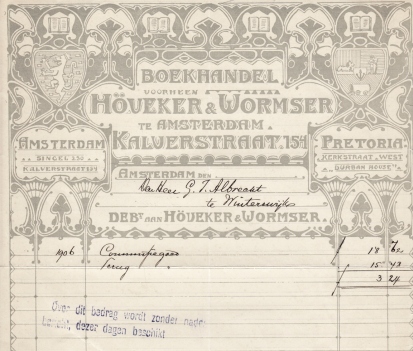 WORMSER, Jac. Ph. - Nota van Boekhandel voorheen Hveker & Wormser te Amsterdam, Kalverstraat 154. Met een wissel van deze boekhandel in kleiner formaat.