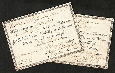 (JACOBUS BOELEN). NIEUWE PLAATS ROYAAL - Twee gedrukte uitnodigingen voor de viering van het 25-jarig huwelijk van Bernard Donselaar en Sara Catharina van Eijck.