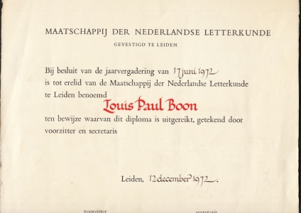 (BOON, Louis Paul) - Oorkonde bij zijn benoeming tot erelid van de de Maatschappij der Nederlandse Letterkunde (proef).