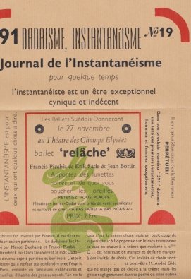 PICABIA, Francis, & Erik SATIE - 391. Dadaisme, Instantanisme. 